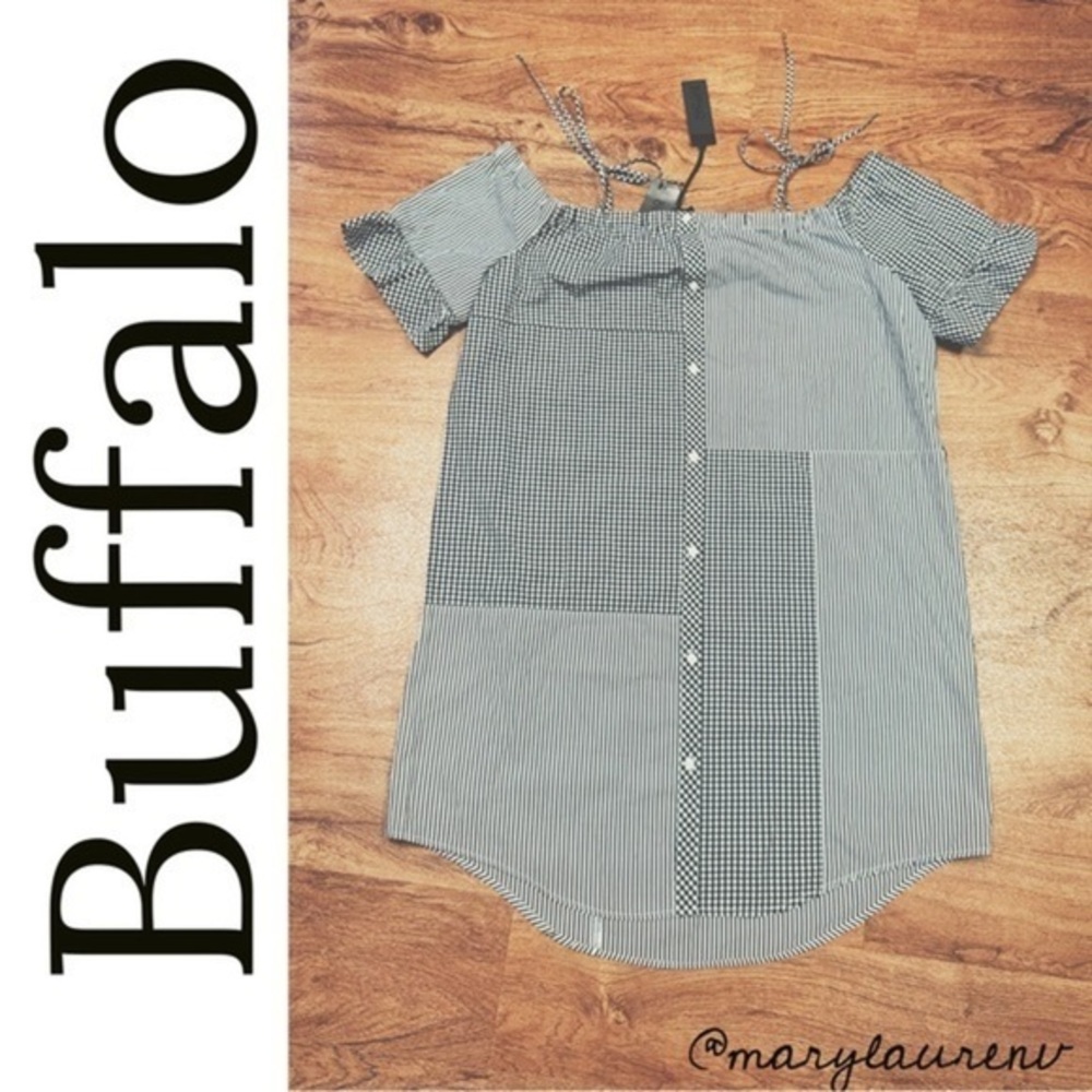 NWT Patchwork Gingham Off Shoulder Cotton Mini Dress Buffalo David Bitton Sz XL - Picture 2 of 8